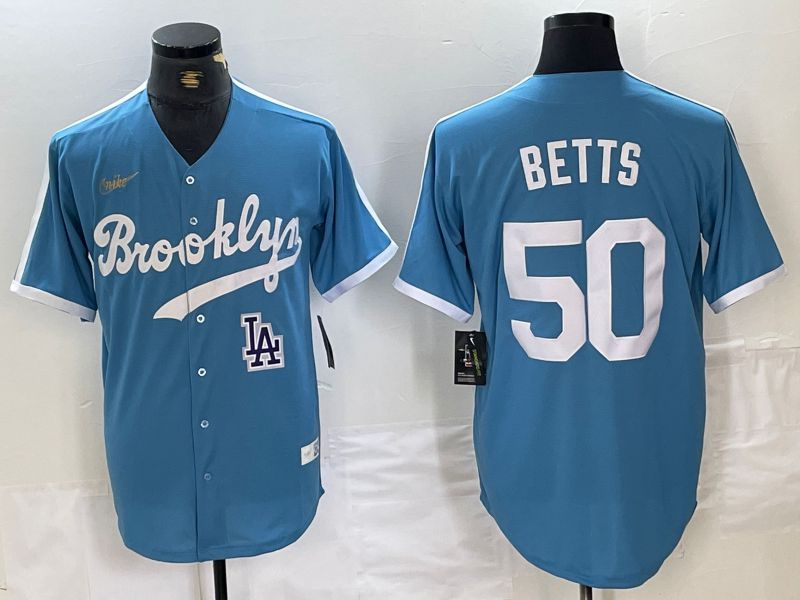 Men Los Angeles Dodgers #50 Betts Light blue Throwback 2024 Nike MLB Jersey style 2